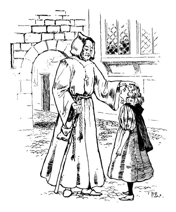 little girl standing in front of monk whose has hand placed on her head