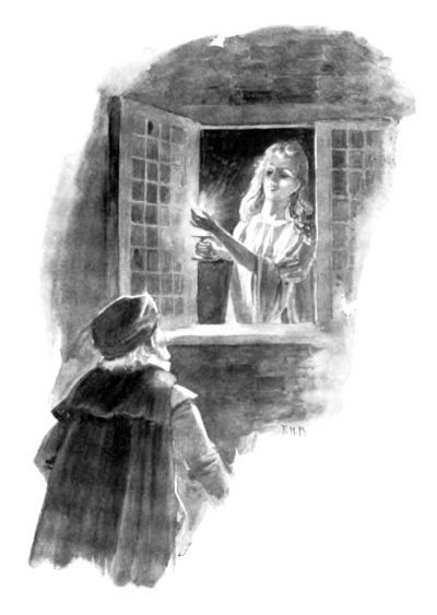 girl standing in window shielding candle with man below window