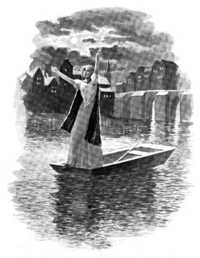 girl standing at edge of flat boat with arms extended upward