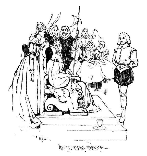 man standing in front of seated queen and court