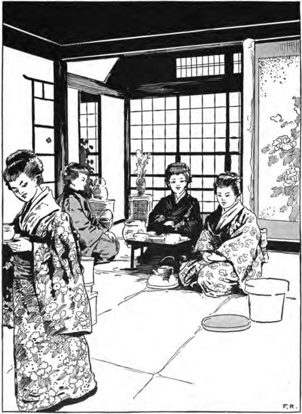 several Japanese women kneeling on the floor in a Japanese house