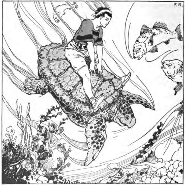 a boy riding on a sea turtle