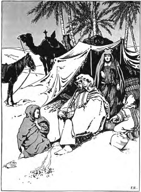 an Arabic family by their tent under palm trees