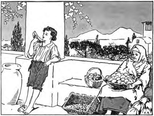 a boy eating a melon and a woman selling fruit on an open balcony