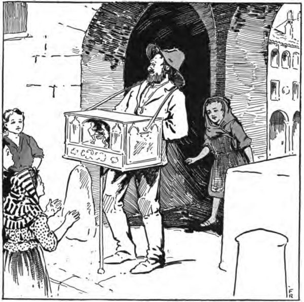 an older man with a music box surrounded by children