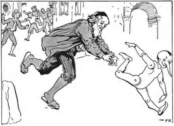 a man chases a runaway puppet