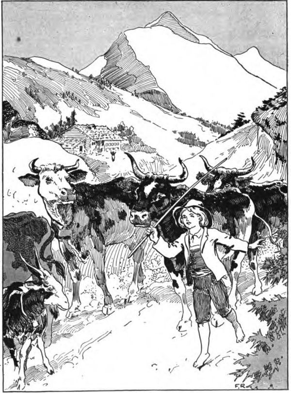 a child leads some cattle along a mountain road