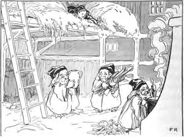 three little people tend a cooking pot while watched by someone in the hayloft