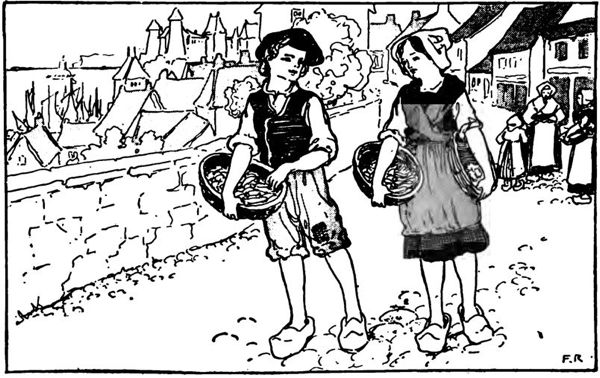 a boy and a girl in rough clothing and wooden clogs carry baskets in a French village