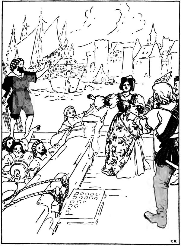 a lady argues with the crew of a sailing ship