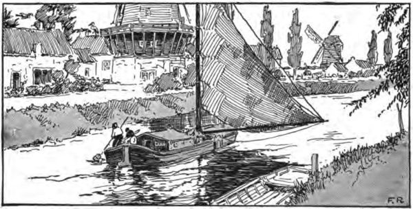 a small boat sails along a Dutch canal past windmills