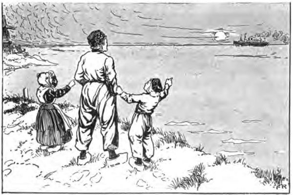 an adult and two children watch a ship sail past in the distance