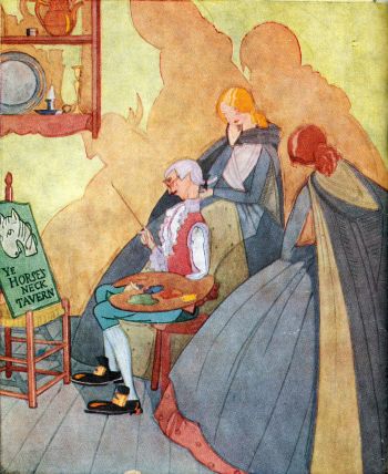 man seated and painting a sign Ye Horse’s Neck Tavern while two woman stand behind him