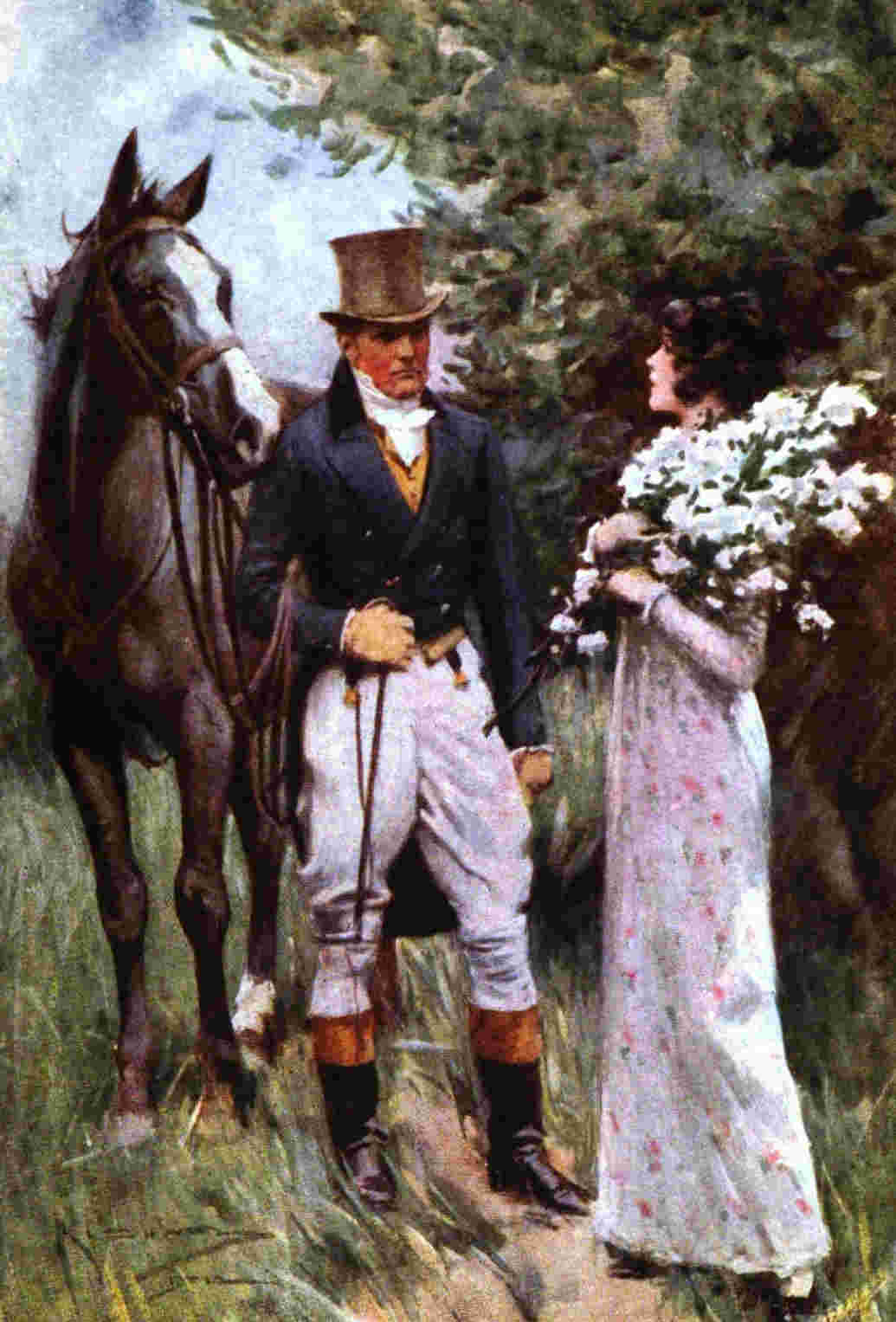 Man and woman converse beside horse.