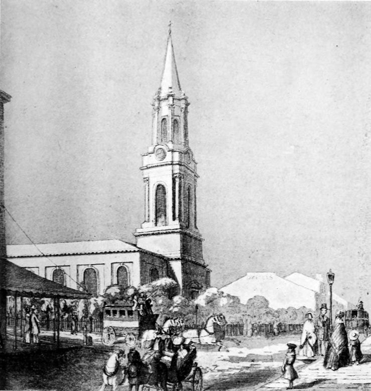 town scene with church at centre