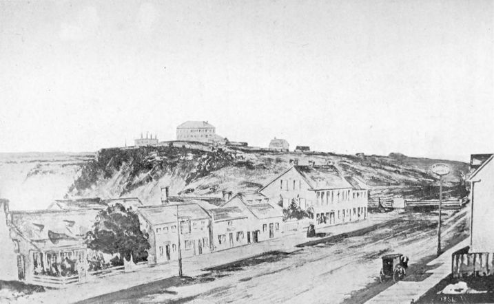 sketch of a frontier town with few buildings
