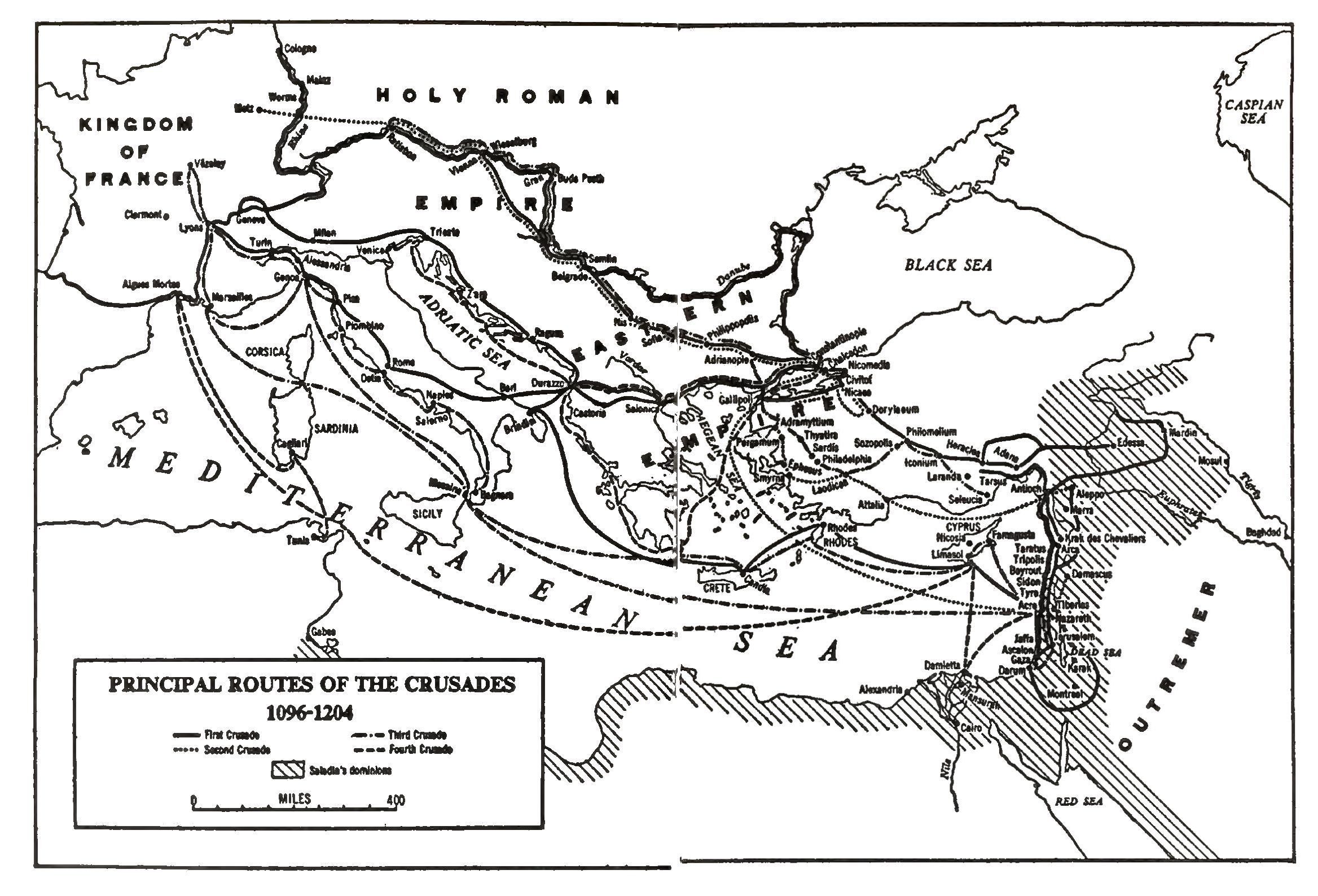 Map showing the principal routes of the Crusades from 1096 to 1204