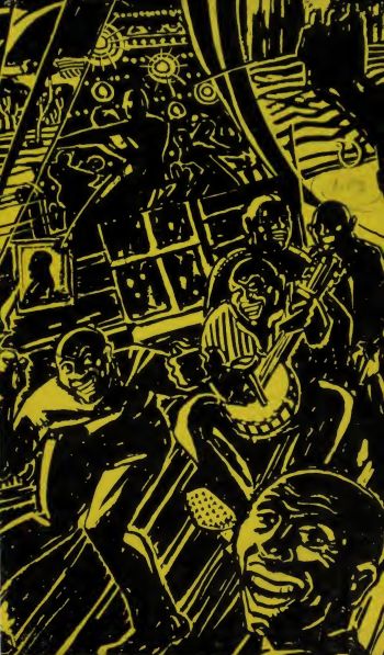 Endpaper B&W illustration of bald Black men singing, dancing and playing banjo