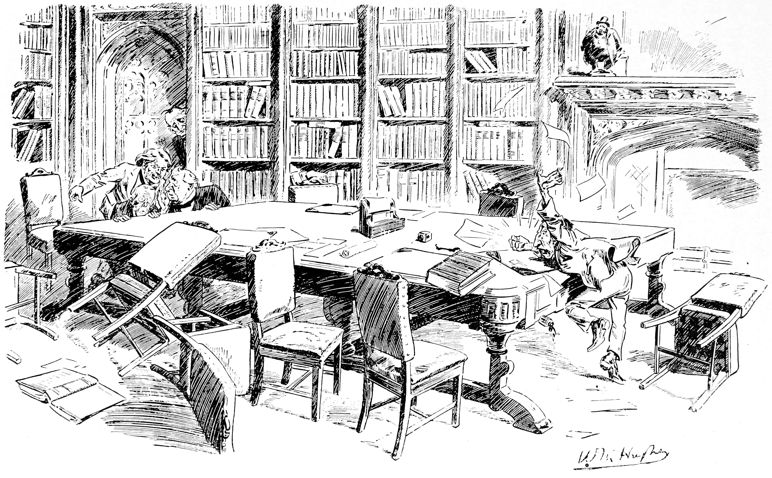 cartoon with 3 men cowering at one end of a table and a fourth having a violent fit at the other end