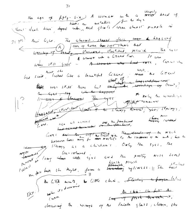 Handwritten page of text, heavily edited and marked up.