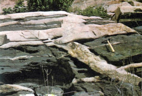 color photo of dark gneisses and dykes