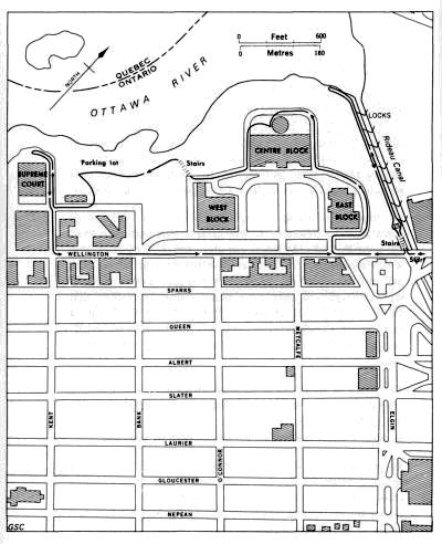 map drawing of Rideau Canal and Parliament Buildings