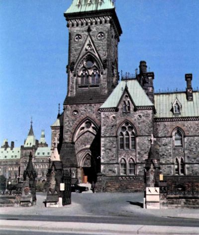 color photo of East Block of Parliament Building with Nepean, Wallace and red sandstone