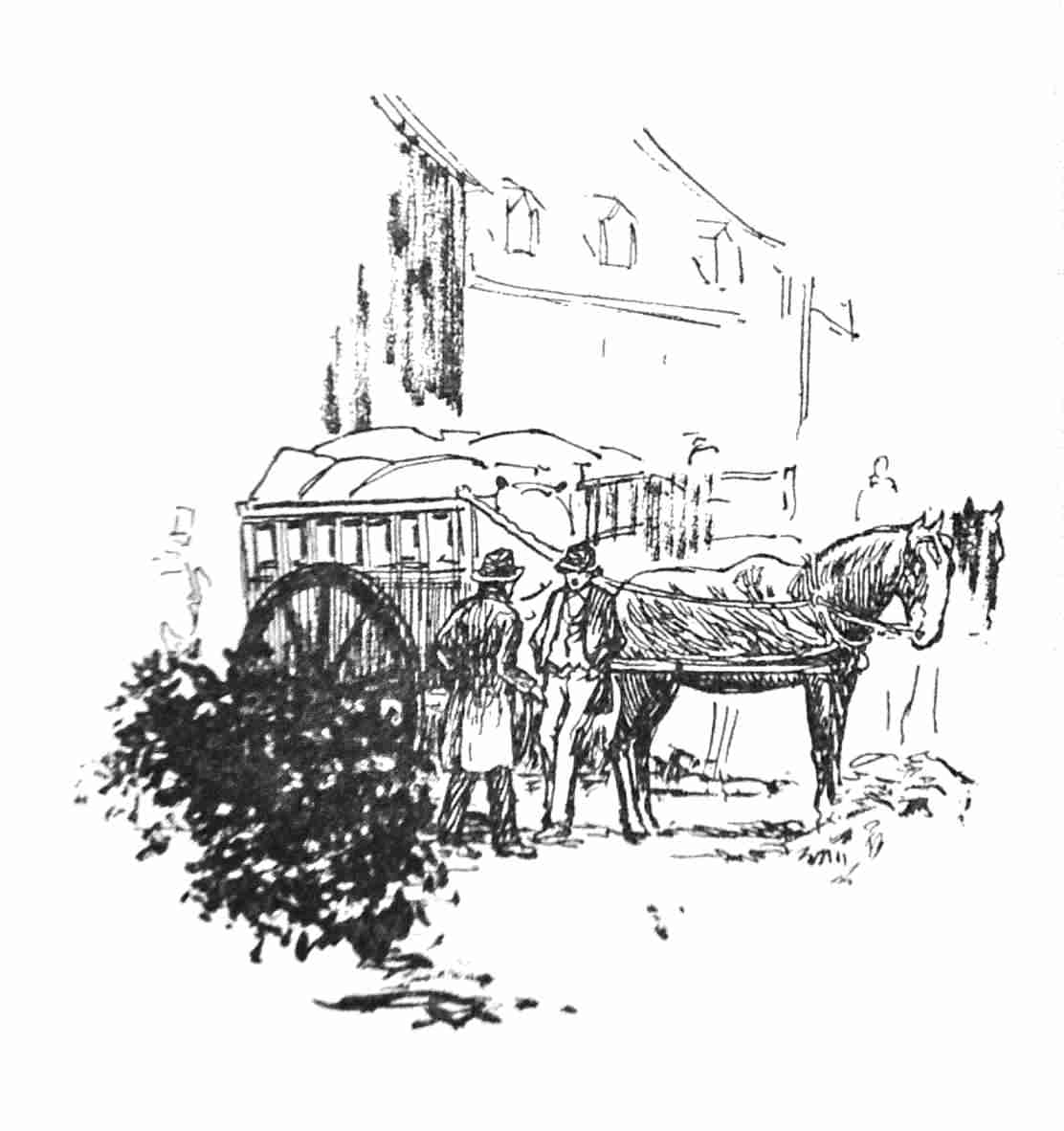 Two men talk beside horse-drawn wagon