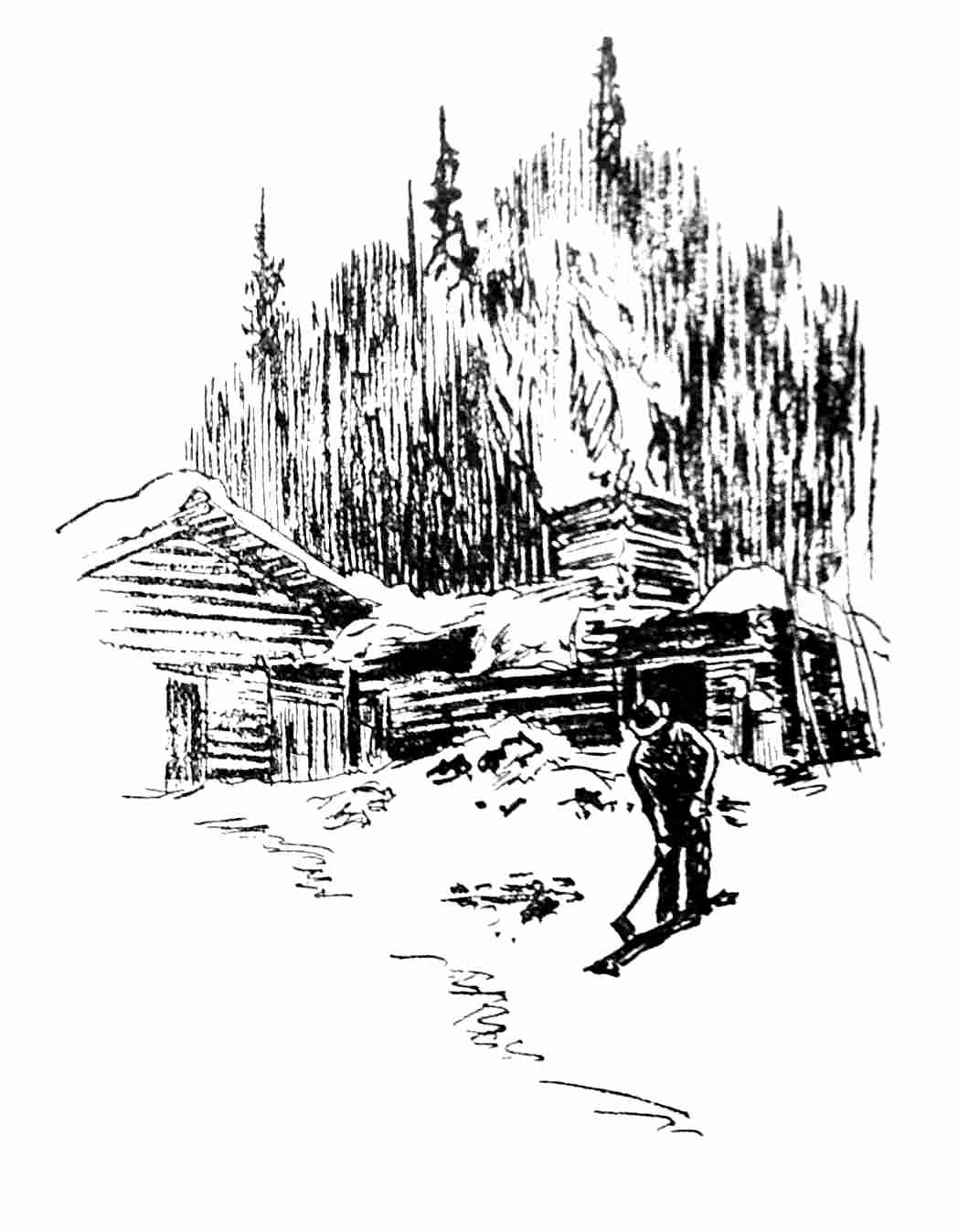 Man cutting wood outside cabin in woods