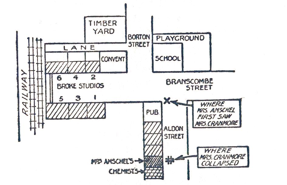 line drawing of streets in district with shops and places of Mrs. Cranmore movements