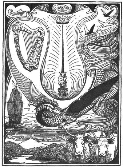 image with dragon, a sword pointing to a crown, two oxen, a harp, a ship, flying birds and an eye