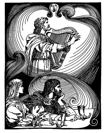 man playing harp and lady and gent seated listening