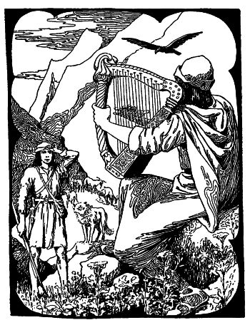 man with harp playing in field to shepherd with animals