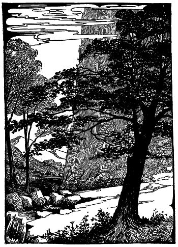 trees around high stone fortress wall with stream