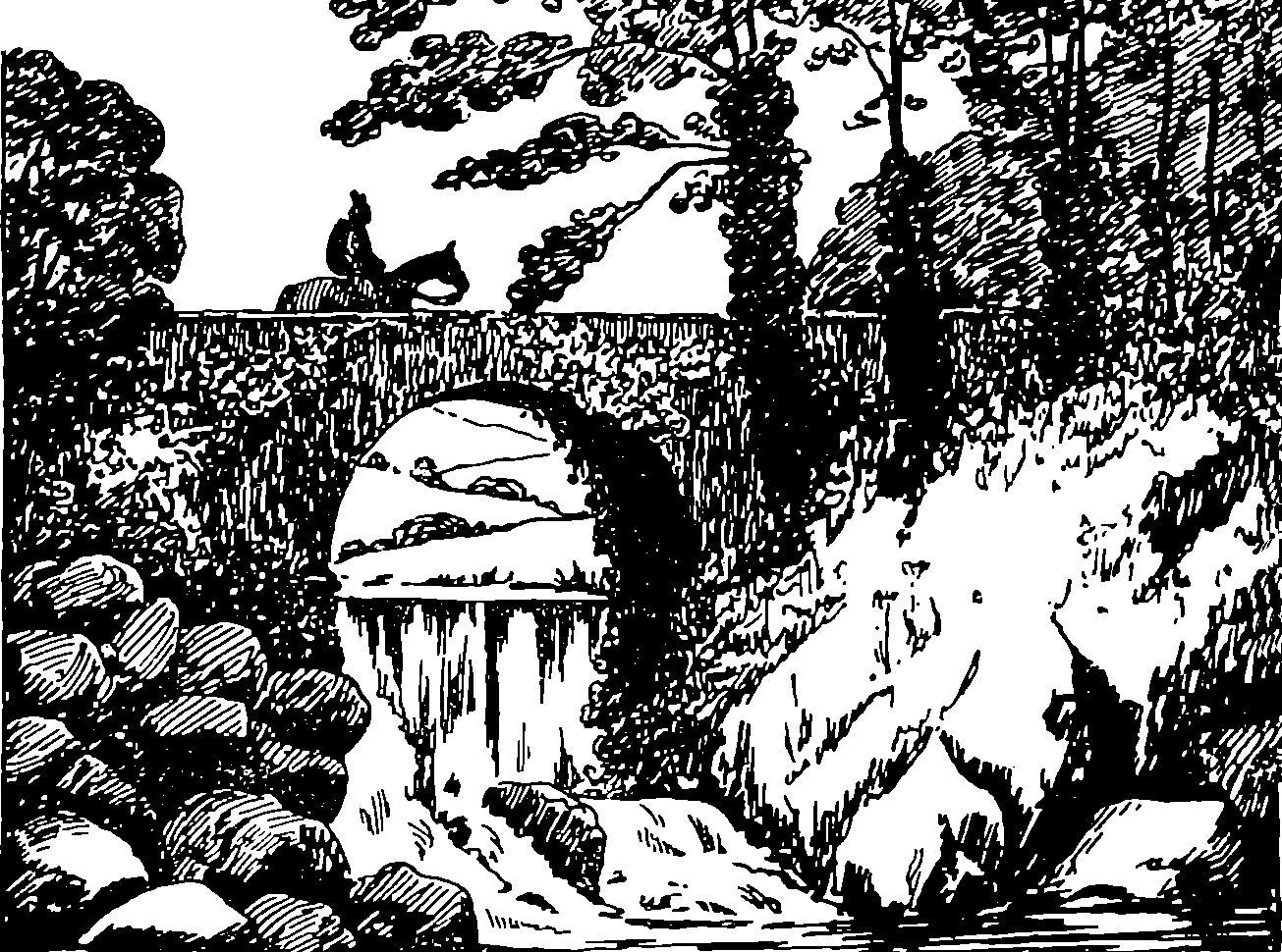 horseman riding across bridge over waterfall
