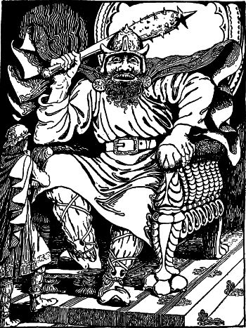 giant sitting on a throne holding a mace over his head