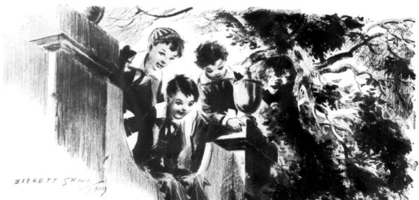 3 smiling boys leaning over a wall lookng at man in top-hat