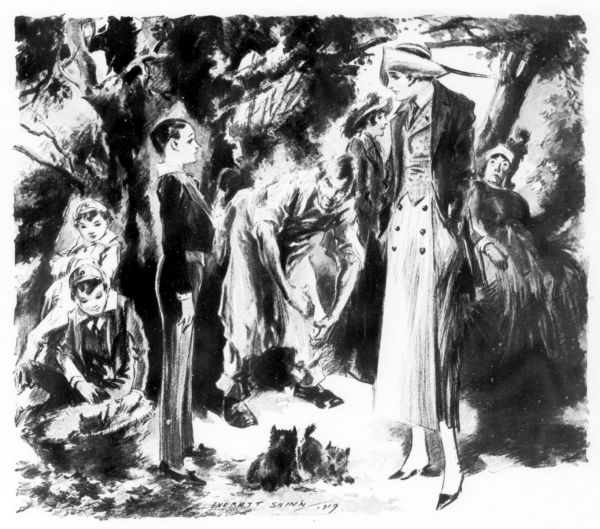 young woman in a dress and hat addressing a young boy standing erect with boys seated behind him and puppies at his feet