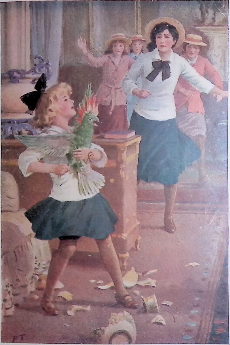 Girl with a parrot standing amid broken crockery