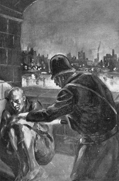 black & white watercolor of policeman shaking man sitting with knees up