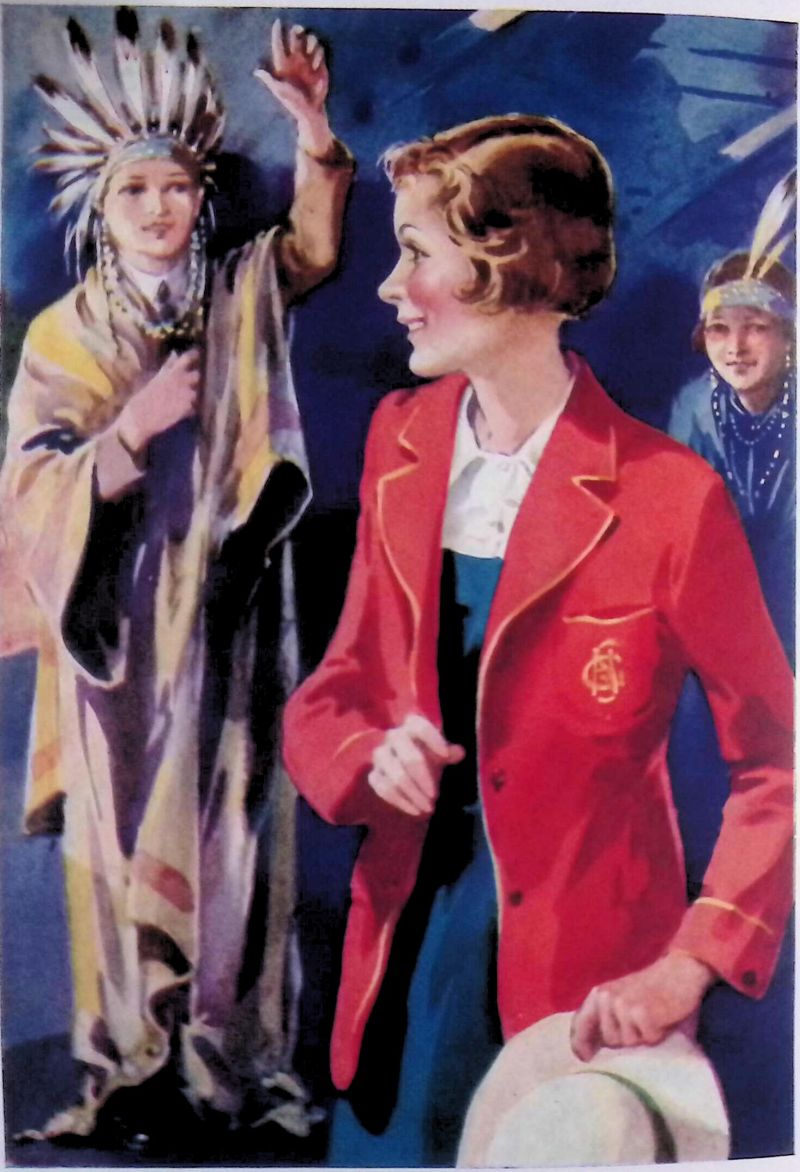 Girl in red school jacket with two girls in headdresses behind