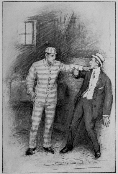 Varge in prison striped suit clasping man in three-piece suit by the shoulder