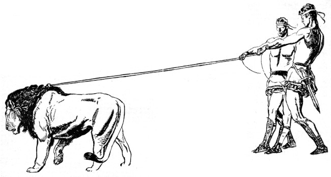 lions held in leash.