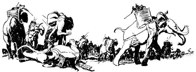 The bull met the war-elephant with a terrific
impact.