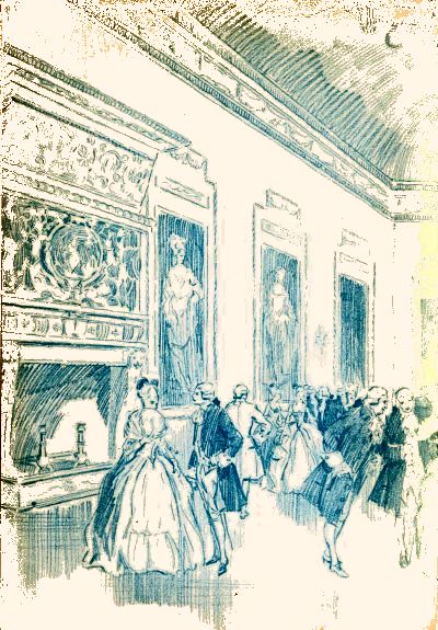 green ink line drawing of ladies and gentlemen in ballroom