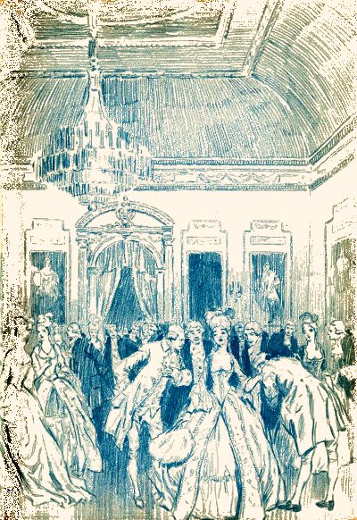 cover illustration and green ink drawing of Perdita surrounding by men in ball room