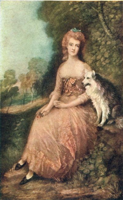 color painting of Perdita sitting with white dog