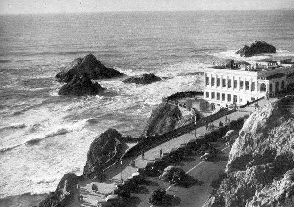 view looking down on Cliff House overlooking Pacific Ocean and three Seal Rocks