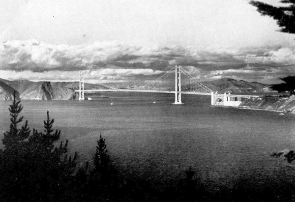 view of Golden Gate Bridge from the Presidio hill looking east at bridge