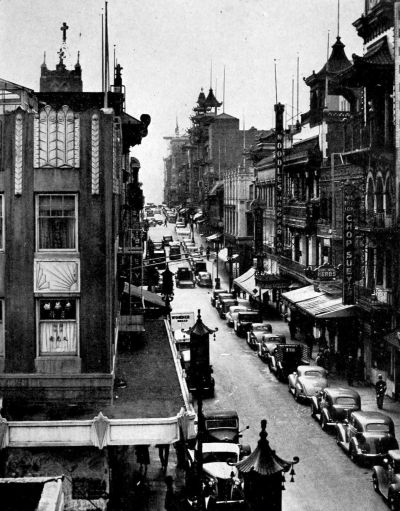 view of Chinatown street with lightning rods on all the roofs
